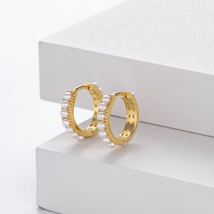 Elegant gold plated S925 sterling silver hoop earrings with small white pearls