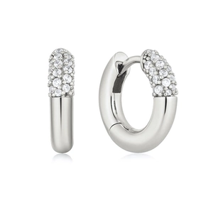 Classic silver-tone huggie hoop earrings with micro-paved cubic zirconia stones