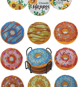 DIY Diamond Painting Untersetzer Set mit 12 bunten Motiven und schwarzem Halter