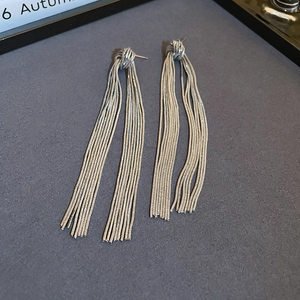 Detailed close-up of long silver tassel drop earrings with elegant metallic chain fringe