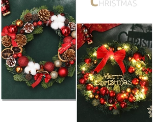 Detail of Christmas pinecone wreaths with LED lights, red ribbons, and gold ornaments