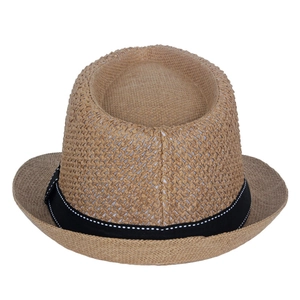Macro shot of breathable straw weave texture and black decorative ribbon on fedora hat