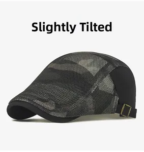 Side view of camouflage mesh beret cap with vintage bronze adjustable metal buckle