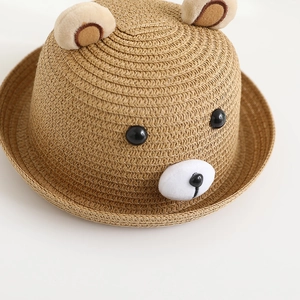 Cute bear-shaped straw hat for toddlers with ears and plush embroidery in beige