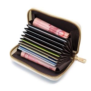 Floral accordion card holder with multiple slots and gold zipper in beige color