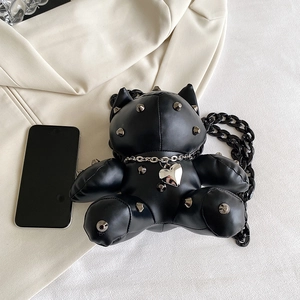 Punk style black leather bear crossbody bag with metal rivets and chunky chain strap