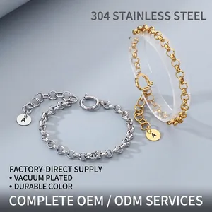 Bracelet Mode Acier Inoxydable 304 Initiale Lettre Pendentif Pièce Ronde Grosse Chaîne Bijoux Plaqué Or 18K Pour Femme