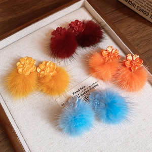 Flower Pom Pom Drop Earrings With 925 Sterling Silver Earring Post Resin Petal Faux Fur Dangle For Women Sweet Fashion