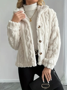 Women Plush Faux Fur Jacket Cable Knit Texture Button Down Cardigan Long Sleeve Warm Casual Outerwear Solid Color Coat