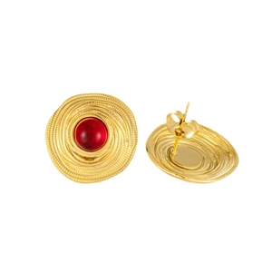 Vintage golden spiral stud earrings with red beads shown in front and back view