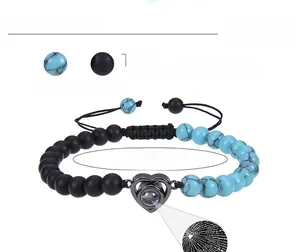 Adjustable beaded heart bracelet with I Love You projection stone and 6mm turquoise beads