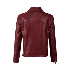Detailed back view of a slim fit wine red PU leather jacket for women showing texture