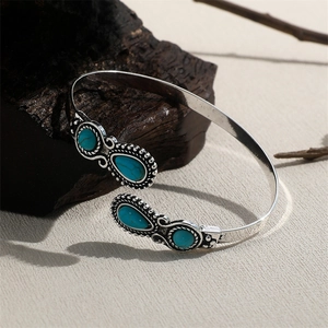 Bohemian vintage turquoise open cuff bracelet in antique silver finish for women