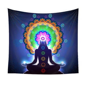 Detail of meditation tapestry showing colorful seven chakras symbols and mandala art
