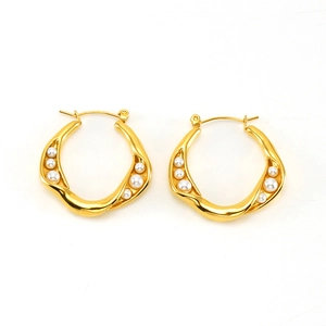 French vintage irregular gold pearl hoop earrings for women in elegant titanium steel