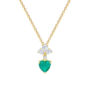 Luxurious gold necklace with green heart pendant and sparkling crown-shaped crystal accents