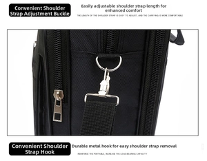 Detail of durable silver alloy hook and adjustable shoulder strap on black Oxford bag