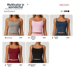 Front view of cropped yoga sports bras in five colors with square necks and thin straps
