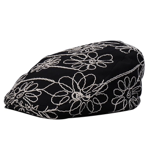 Fashionable black cotton canvas cap with white floral daisy embroidery for women