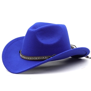 Royal blue wool fedora cowboy hat with ethnic embroidery band and wide upturned brim