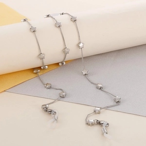 Detail of silver stainless steel eyewear chain with polished star charms and silicone loops