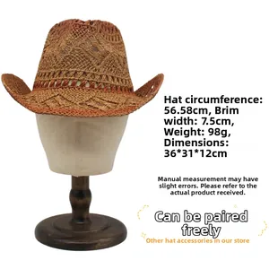 Detail showing dimensions of brown woven straw cowboy hat with 7.5cm brim and 56.58cm circumference