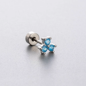 Titanium steel stud earrings with three blue zircons in a clover shape design