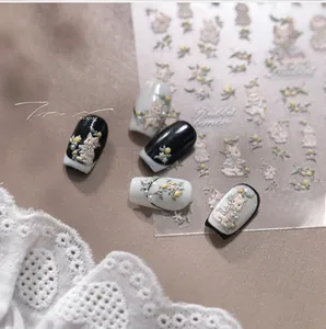 3D embossed nail art stickers featuring cute rabbits and floral patterns, model TS-4069