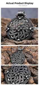 Detailed macro view of Celtic knot hollow round pendant with vintage silver finish on bark