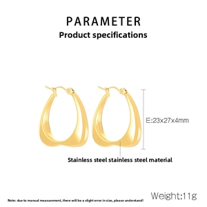 Detailed specs of irregular C-shaped gold stainless steel earrings with 23x27mm size