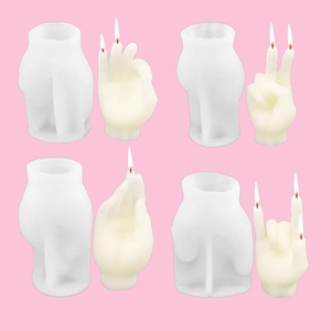 Collage of four silicone gesture molds and matching candles on a bright pink background