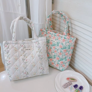 Quilted Cotton Handbag With Floral Print French Pastoral Style Tote Bag For Shopping Lunch Daily Use Women