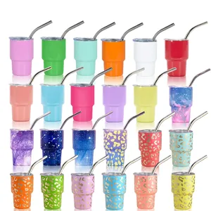 Insulated 3oz stainless steel mini car cups with straws in various colors and patterns