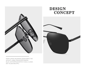 Detail view of polarized sunglasses with petro carved metal temples and dark gray lenses