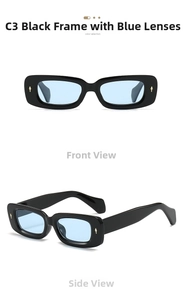 Front and side view of black rectangular sunglasses with light blue lenses and gold rivets