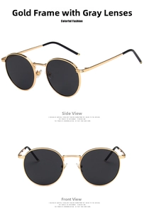 Detailed front and side views of vintage round gold metal frame sunglasses with grey lenses