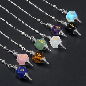 Natural Crystal Gemstone Dowsing Pendulum Pendant Necklace With Cho Ku Rei Reiki Symbol For Healing Meditation Divination