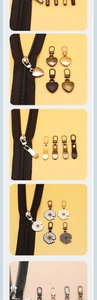 Detailed comparison of various metal zipper pull designs including heart and daisy shapes