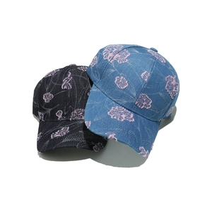 Women's denim baseball caps with floral embroidery and vintage aesthetic design