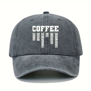 Grey washed denim baseball cap with COFFEE embroidery and sun protection design