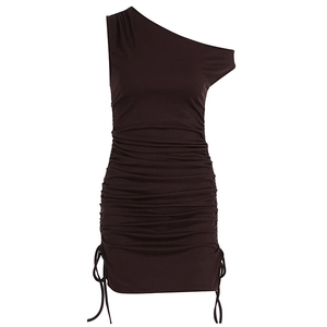 Detail of chocolate brown ribbed dress featuring ruched texture and adjustable side drawstrings