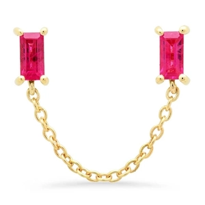 Detail of S925 silver chain earrings featuring two rectangle pink gems and gold plating