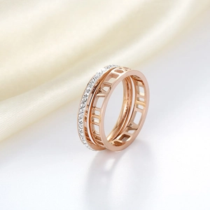 Rose gold titanium steel two-in-one ring with Roman numerals and sparkling white crystals