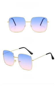 Detail view of square gold metal sunglasses with blue-to-pink gradient lenses