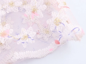Vue macro détaillée de broderies florales blanches sur tulle premium avec fil doré