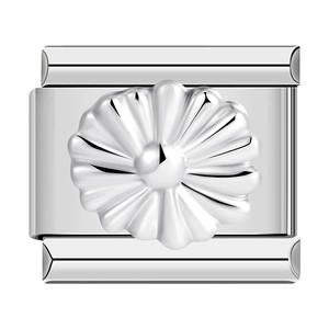 Silver stainless steel modular charm link featuring an embossed flower for DIY bracelets