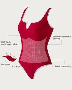 Details des roten Shaping-Badeanzugs mit Power-Mesh-Futter und Bauchkompressionsgewebe