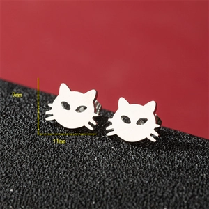 Silver cat stud earrings for women in polished stainless steel with size dimensions