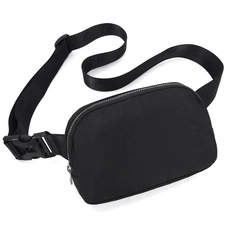 Front view of waterproof black 400D oxford belt bag with silver zipper and adjustable strap