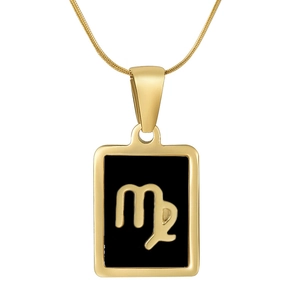 Macro shot of 18K gold plated Virgo zodiac rectangular pendant with black inlay details
